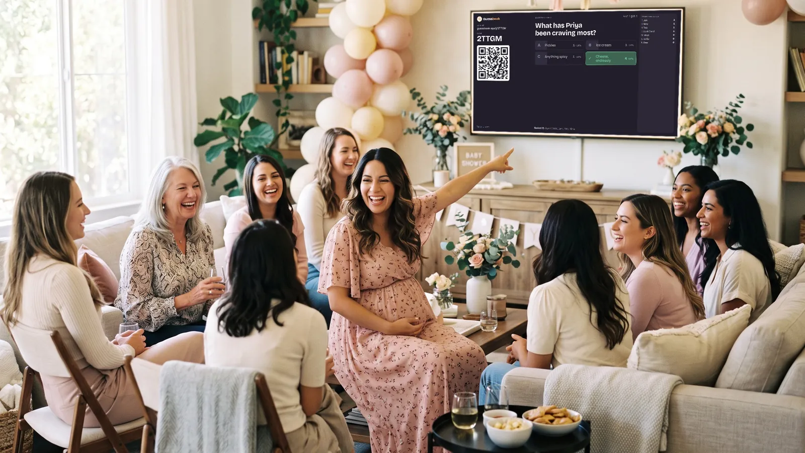 A baby shower watching the reveal on the living-room television: the question, the crowd's split, and the right answer.